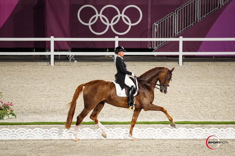 Frau reitet Pferd in der Dressur