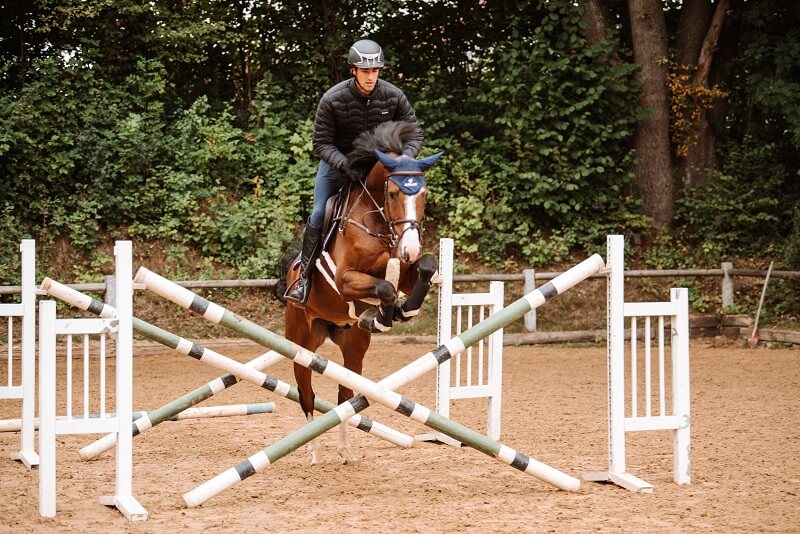 Reiter macht Springgymnastik mit Pferd