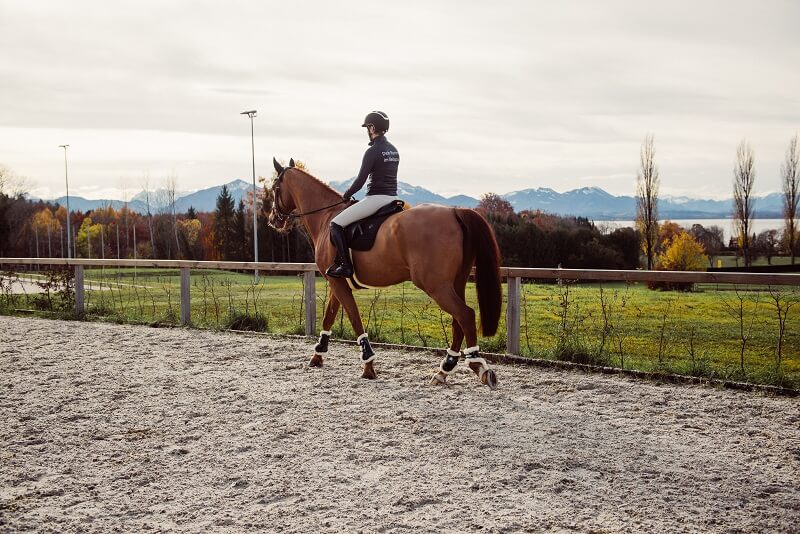 Frau reitet Pferd auf Reitplatz