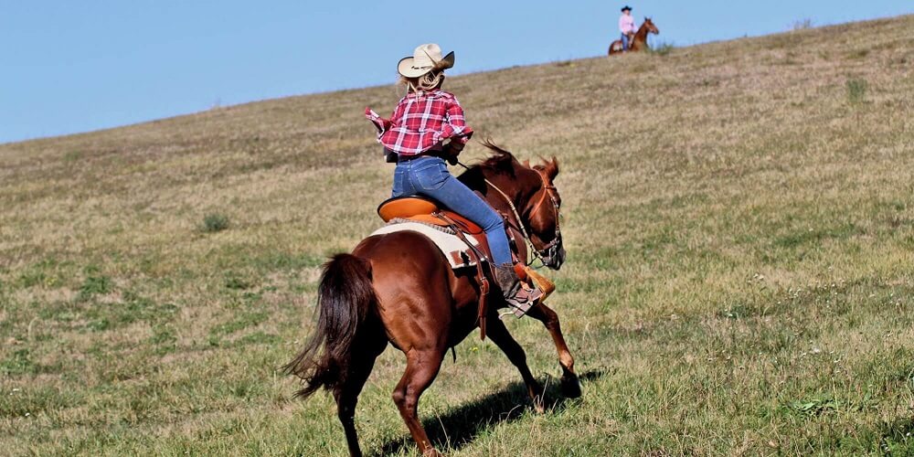 Cowgirl galoppiert auf Wiese