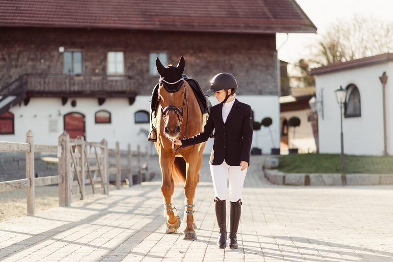 Geschenk-Outfit-Turnier Reiterin mit Pferd im Turnieroutfit