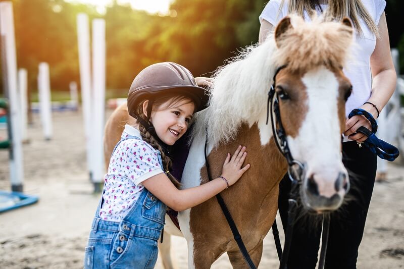 Kind streichelt Pony