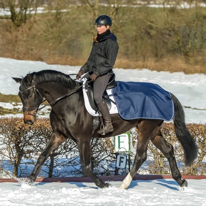 Reiten-im-Schnee-Nierendecke Frau reitet Pferd im Schnee mit Nierendecke
